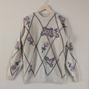 Wool Blend Embroidered Floral Cottagecore Sweater - Beige‎ Diamond Pattern